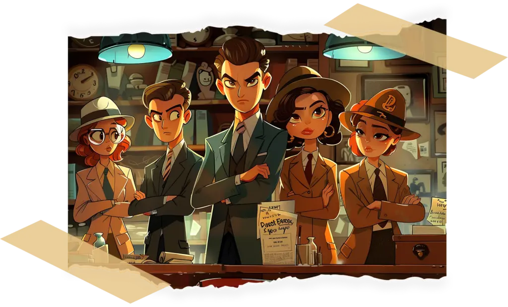 Vijf geanimeerde detectivefiguren staan zelfverzekerd in een kantoor in vintage-stijl, omringd door klokken en papieren. De sfeer is geconcentreerd en vastberaden.
