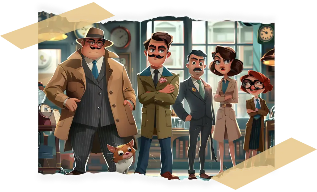Een groep van zes stripfiguren, waaronder vijf volwassenen in vintage detectivekleding en een kleine hond, staat zelfverzekerd in een kantoor in de stijl van de jaren vijftig.
