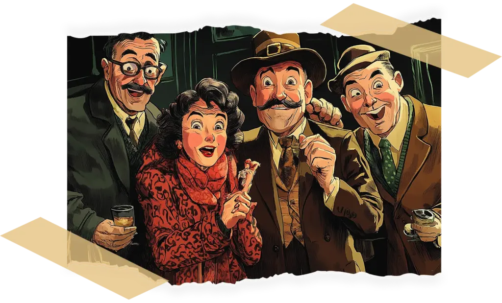 Een vrolijke groep van vier in vintage kleding. Ze glimlachen breed en stralen pure vreugde uit. De vrouw houdt een klein voorwerp vast en twee mannen hebben een drankje in de hand, wat een levendig, nostalgisch tafereel oplevert.